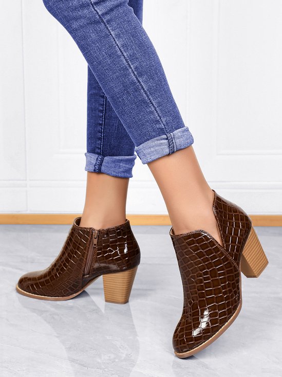 Coffee Crocodile Embossed Chunky Heel Chelsea Boots