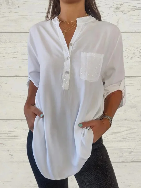 Plain Buttoned Loose Casual Blouse