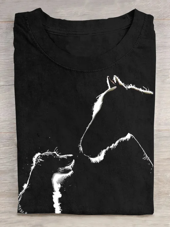 Cotton Casual Crew Neck Horse T-Shirt