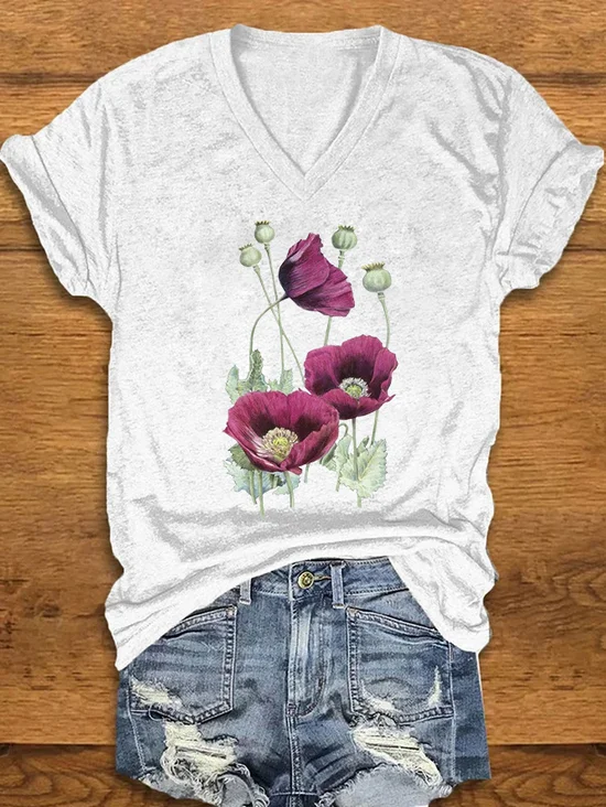 V Neck Casual Knitted Floral T-Shirt