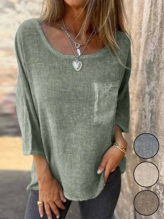 Cotton And Linen Casual Crew Neck Blouse