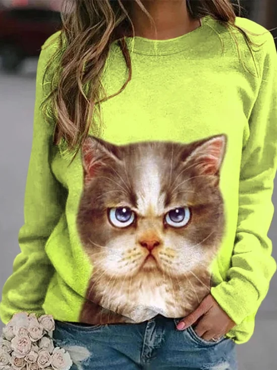 Crew Neck Cat Casual Sweatshirt