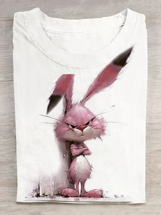 Funny Rabbit Short Sleeve Loose Crew Neck H-Line T-shirt