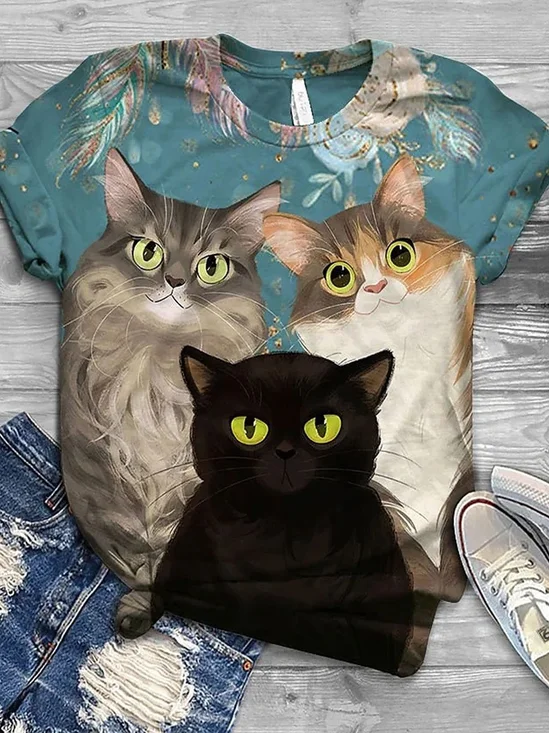 Cat Printed Casual Loose T-Shirt