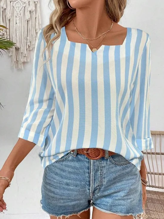 Striped Square Neck Casual Blouse