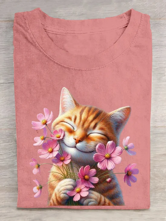 Cotton Crew Neck Casual Cat T-Shirt