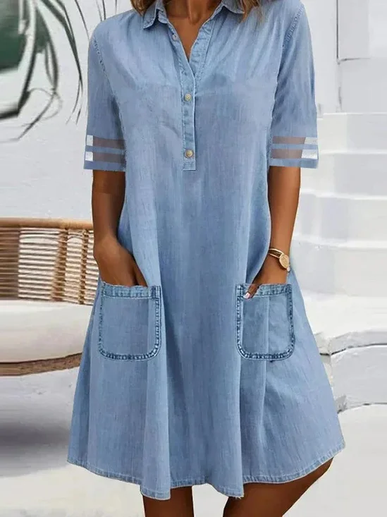 Denim Casual Pocket Stitching Shirt Dress