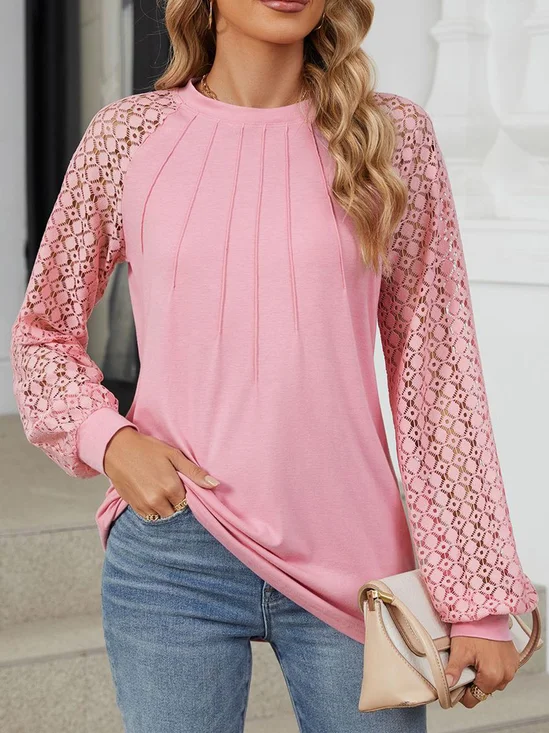 Casual Lace Loose Crew Neck Blouse