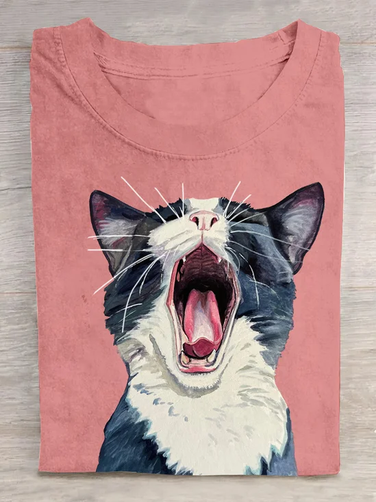 Loose Casual Cat Crew Neck T-Shirt