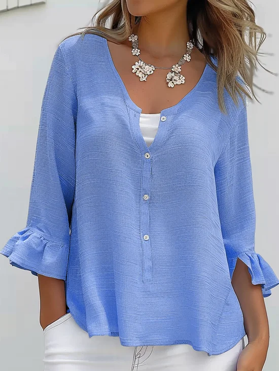 Women's Three Quarter Sleeve Blouse Spring/Fall Light Blue Plain Buckle Notched Bell Sleeve Daily Going Out Casual Top