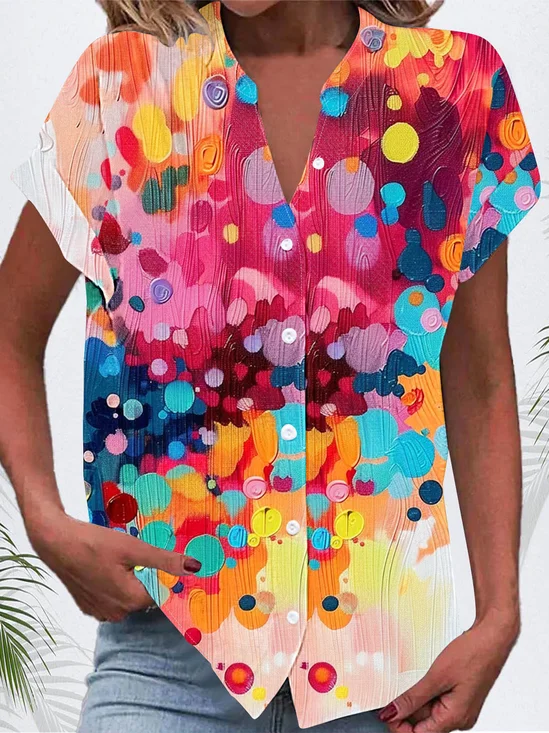Buckle V Neck Casual Abstract Shirt