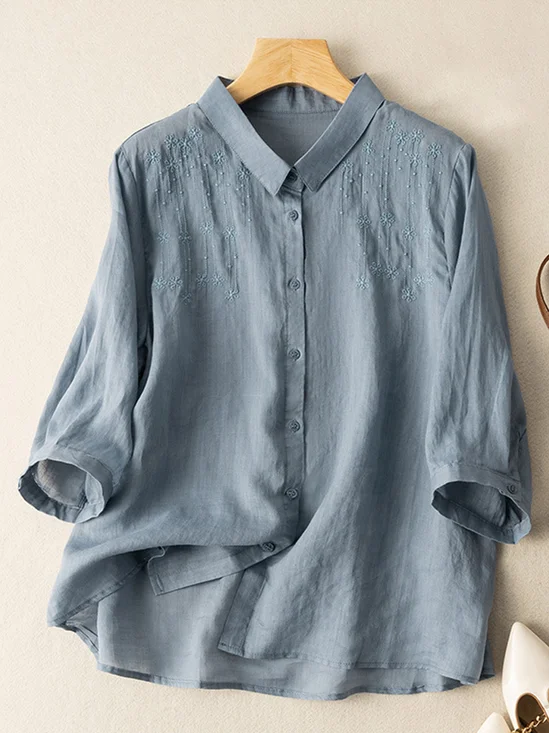 Shirt Collar Cotton And Linen Casual Blouse