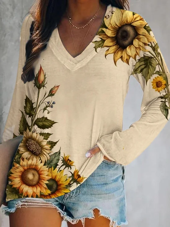 Casual V Neck Knitted Daisy T-Shirt