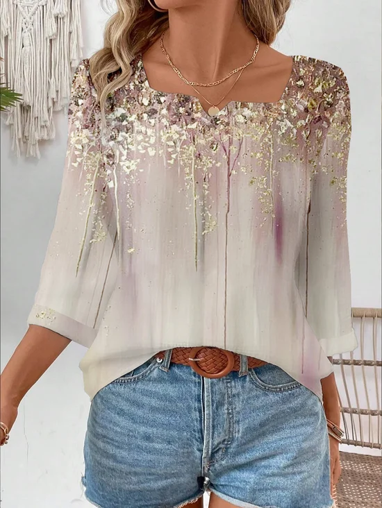 Casual Notched Abstract Loose Blouse