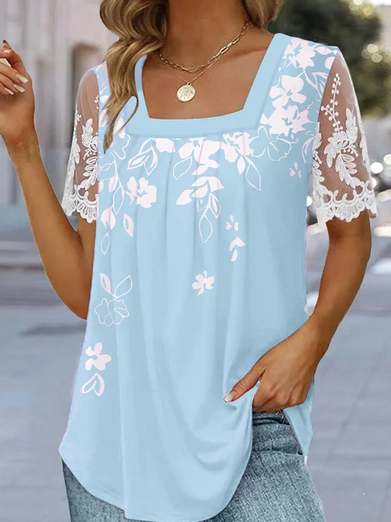 Floral Printed  Casual Lace T-Shirt
