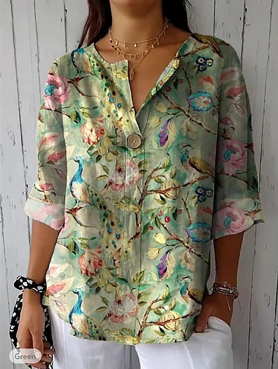 Casual Floral Loose V Neck Blouse