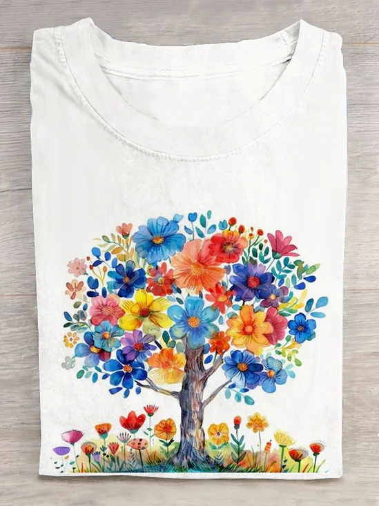 Funny Floral & Tree Printed Short Sleeve Casual T-Shirt