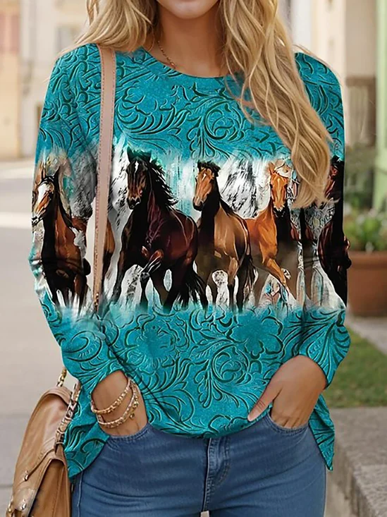 Knitted Casual Crew Neck Horse T-Shirt