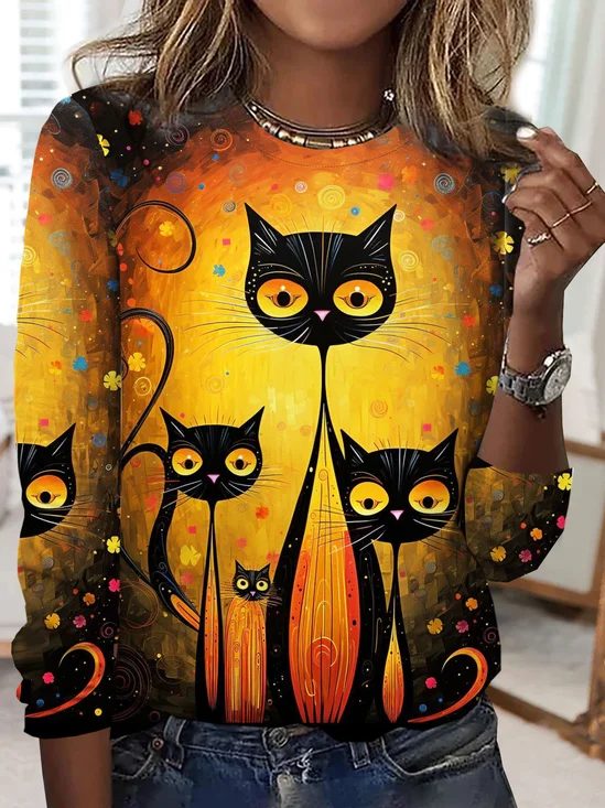 Halloween Cat Printed Crew Neck Casual Long Sleeve T-Shirt