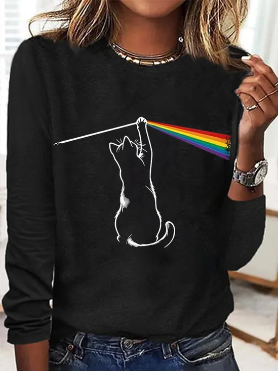 Cat Casual Cotton Crew Neck T-Shirt