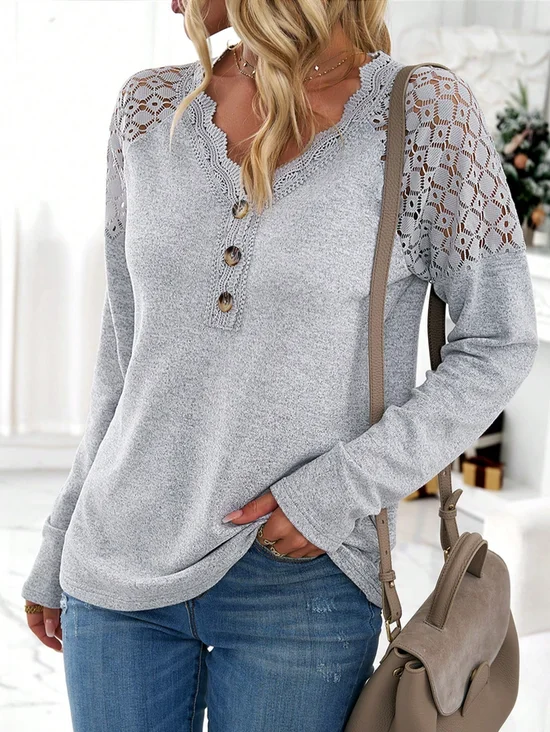 Casual Lace Loose V Neck Blouse With No