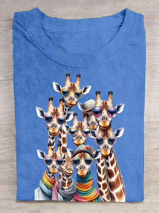 Funny Overlapping Sunglasses Giraffe Printed Casual Crew Neck T-Shirt