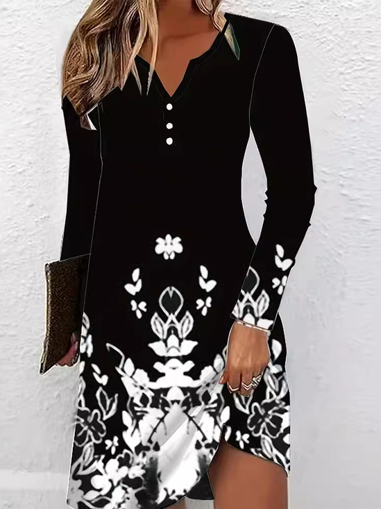 Casual Floral Loose V Neck Dress With No