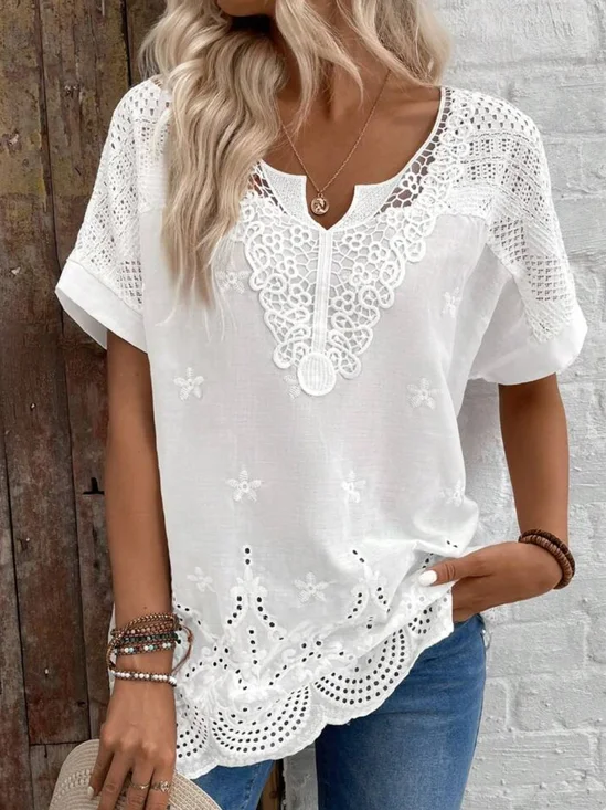 V Neck Cotton Loose Casual Blouse With No