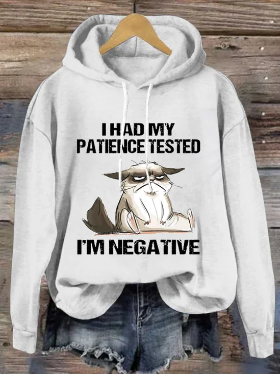Womens I Had My Patience Tested I'm Negative Cat Funny Sarcasm Loose Text Letters Casual Hoodie