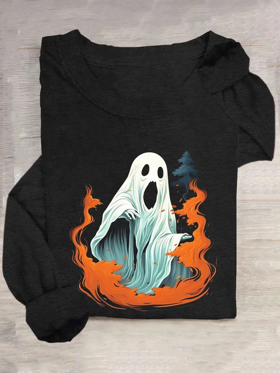 Funny Halloween Ghost Fire Printed Crew Neck T-Shirt