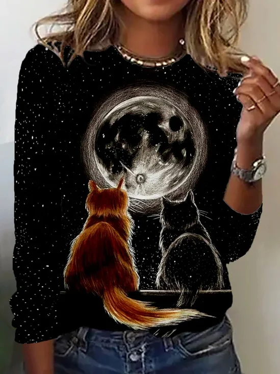 Cat Printed Long Sleeve Casual T-shirt