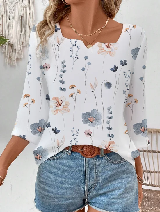 Women's Three Quarter Sleeve Blouse Spring/Fall White Floral Cotton Notched Daily Going Out Simple Top