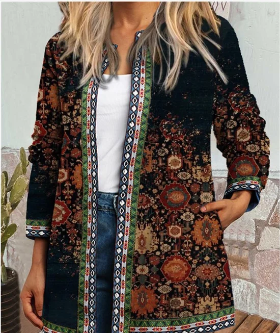 Women Casual Floral Spring/Fall Zipper Natural Loose Regular Jackets