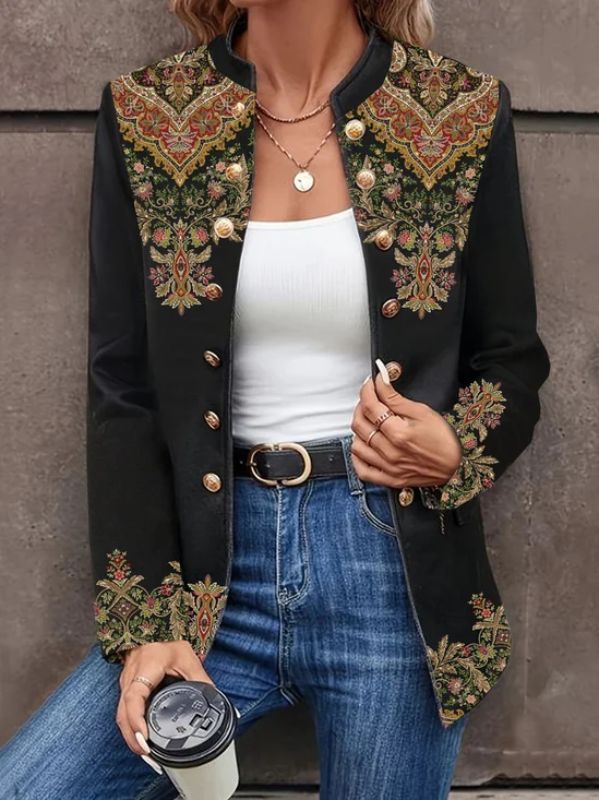 Casual Buckle Ethnic Stand Collar Jacket