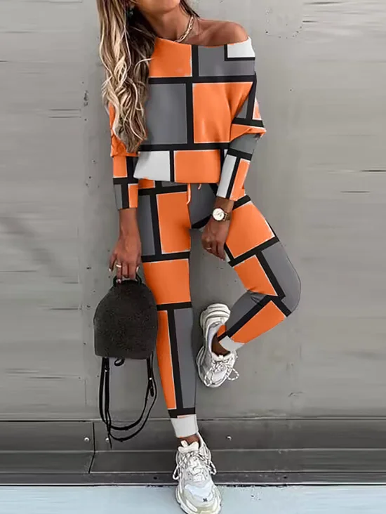 Casual Loose Plaid One Shoulder Two-Piece Set