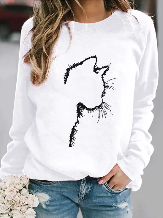 Crew Neck Loose Casual Cat Sweatshirt