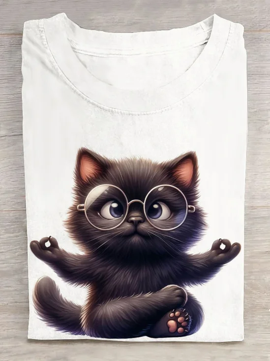 Funny Black Cat Printed Crew Neck Casual T-Shirt