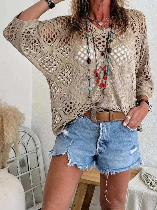 Yarn/Wool Yarn Loose Hollow Out Casual Blouse