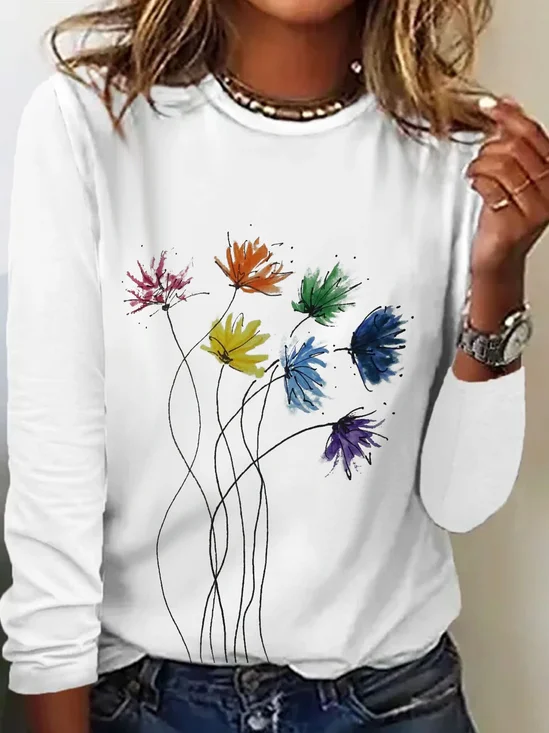 Floral Printed Long Sleeve Casual T-shirt