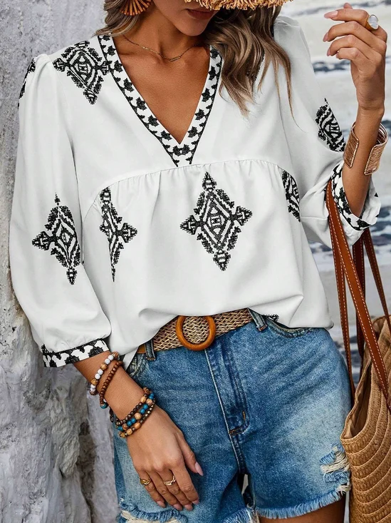 Ethnic Casual V Neck Loose Blouse