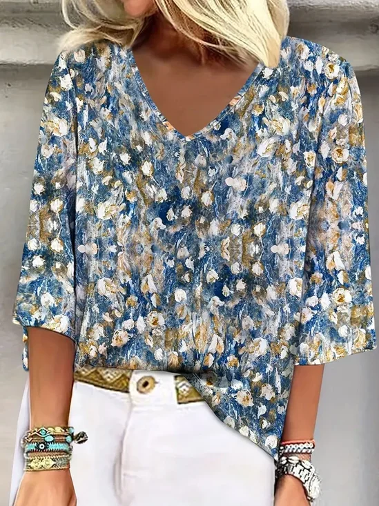 Floral V Neck Casual Loose Blouse