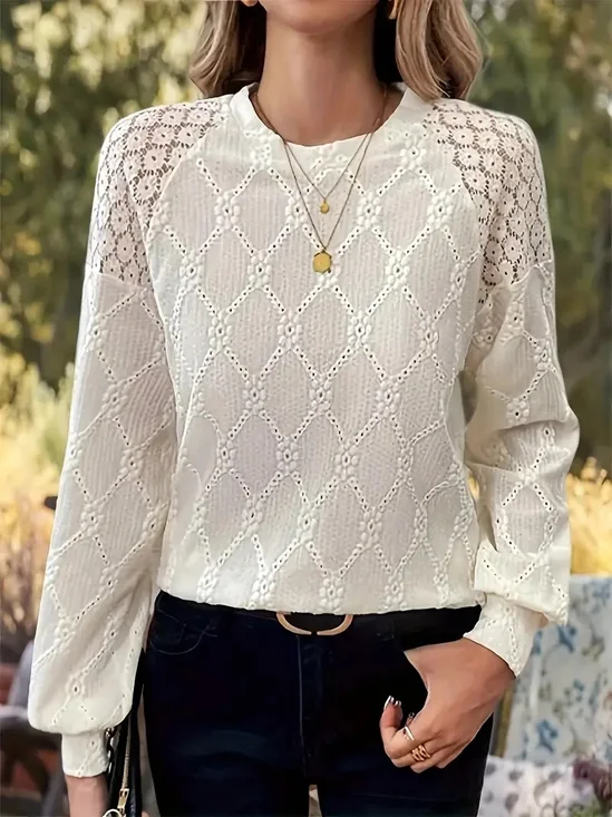 Casual Crew Neck Lace Regular Fit Blouse With No