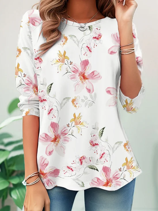 Casual Crew Neck Floral Jersey T-Shirt