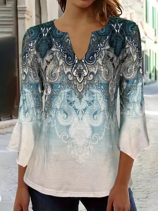 Regular Fit V Neck Casual Floral Blouse With No