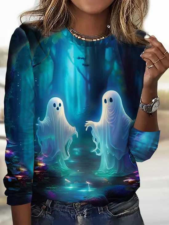 Halloween Printed Round Neck Long Sleeved T-shirt