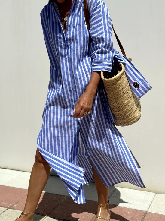 Casual Shirt Collar Regular Fit Striped Dress With No