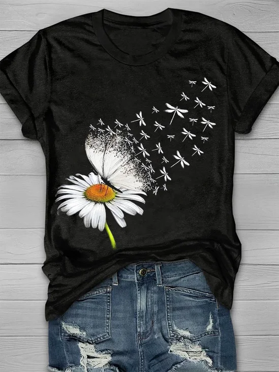 Floral print round neck short sleeved T-shirt