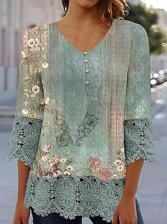 V Neck Casual Lace Blouse