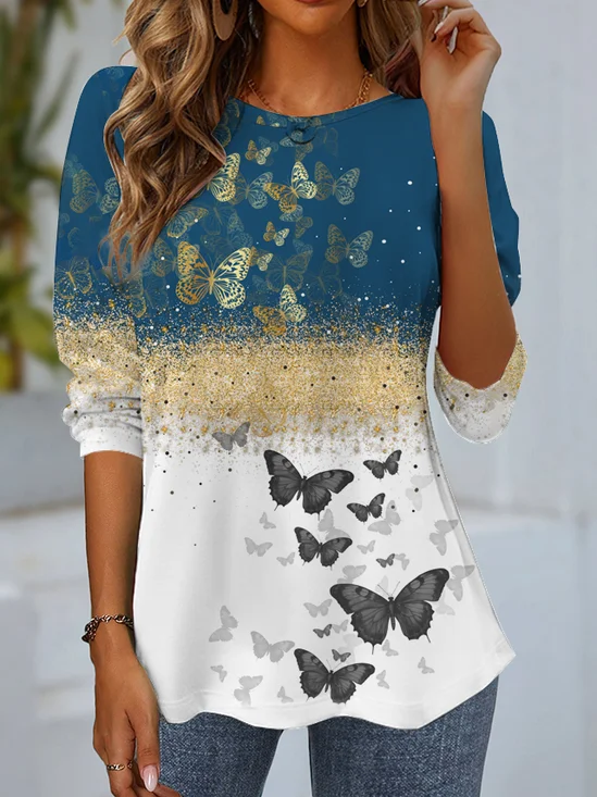 Women's Long Sleeve T-shirt Spring/Fall Blue Butterfly Jersey Crew Neck Daily Going Out Casual Top