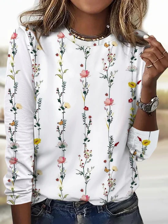 Floral print round neck long sleeved casual T-shirt
